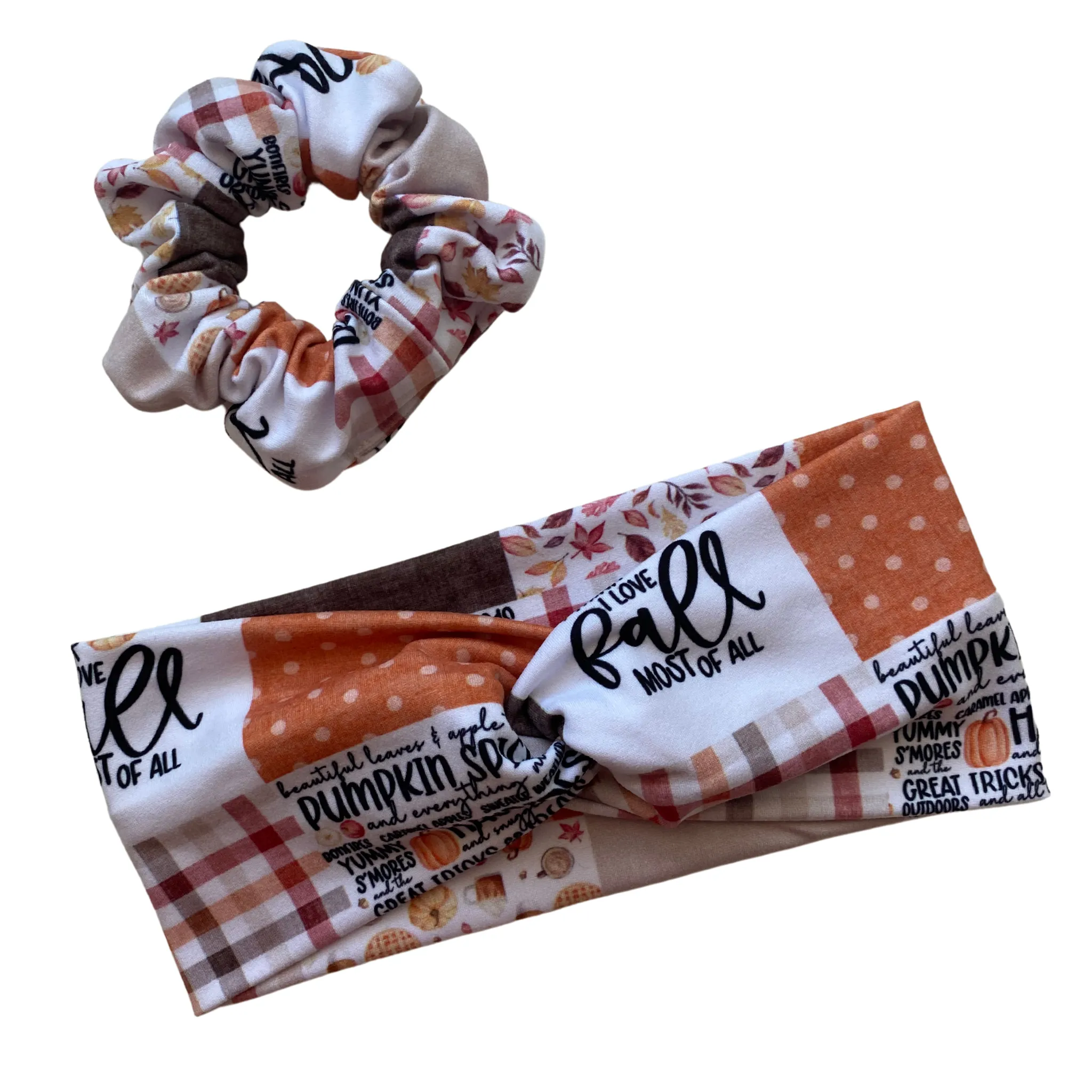 " I Love Fall Most of All" Faux Quilt Matte Scrunchie